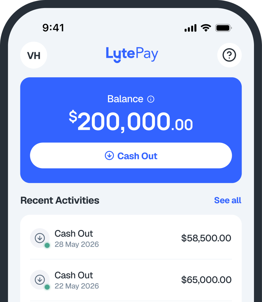 LytePay Mobile App home screen showing the LytePay Balance, a Cash Out button and recent cash outs