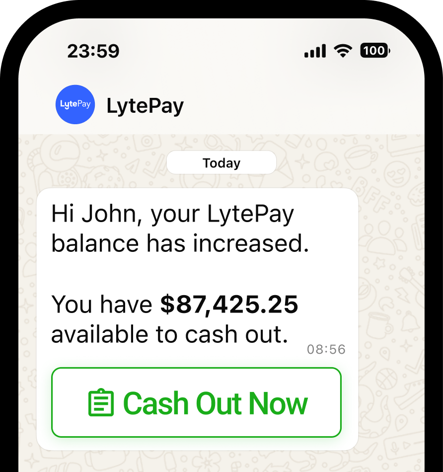 LytePay WhatsApp message showing the balance available to cash out with a Cash Out Now button