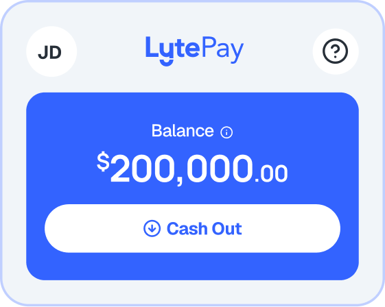 LytePay app home screen showing the Balance and a Cash Out button