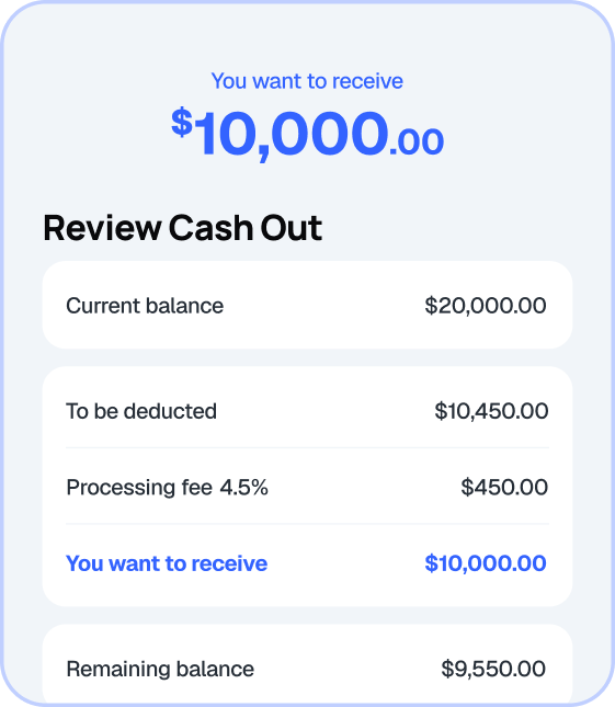 Review Cash Out screen listing the current balance, processing fee, amount to receive and remaining balance