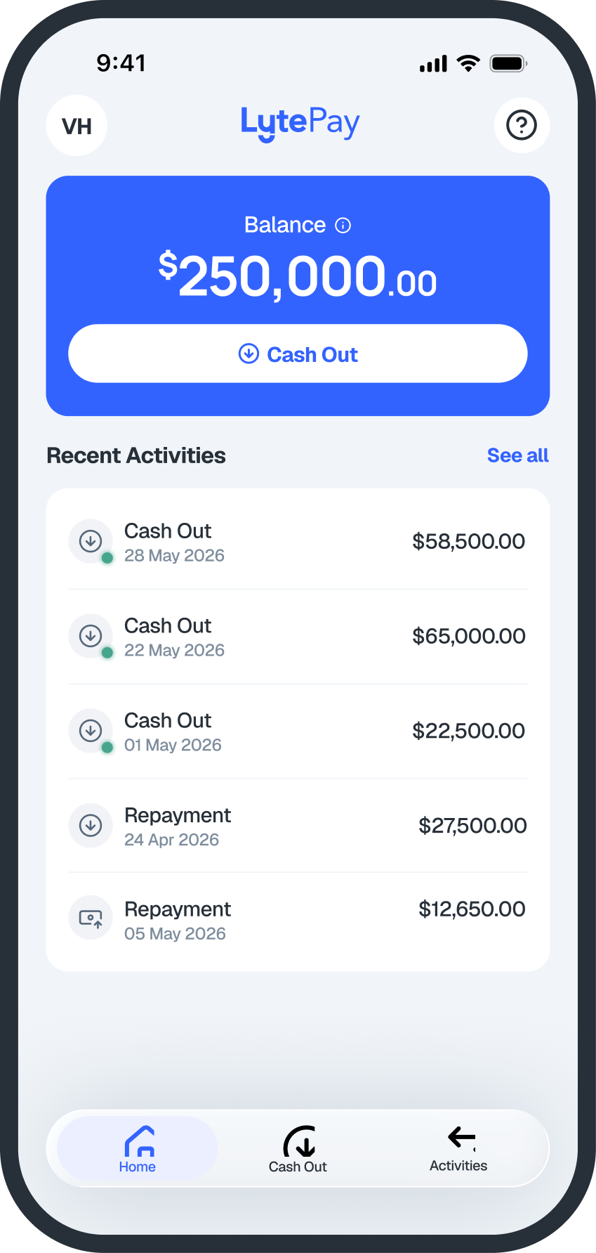LytePay Mobile App dashboard showing balance, Cash Out button and recent activities
