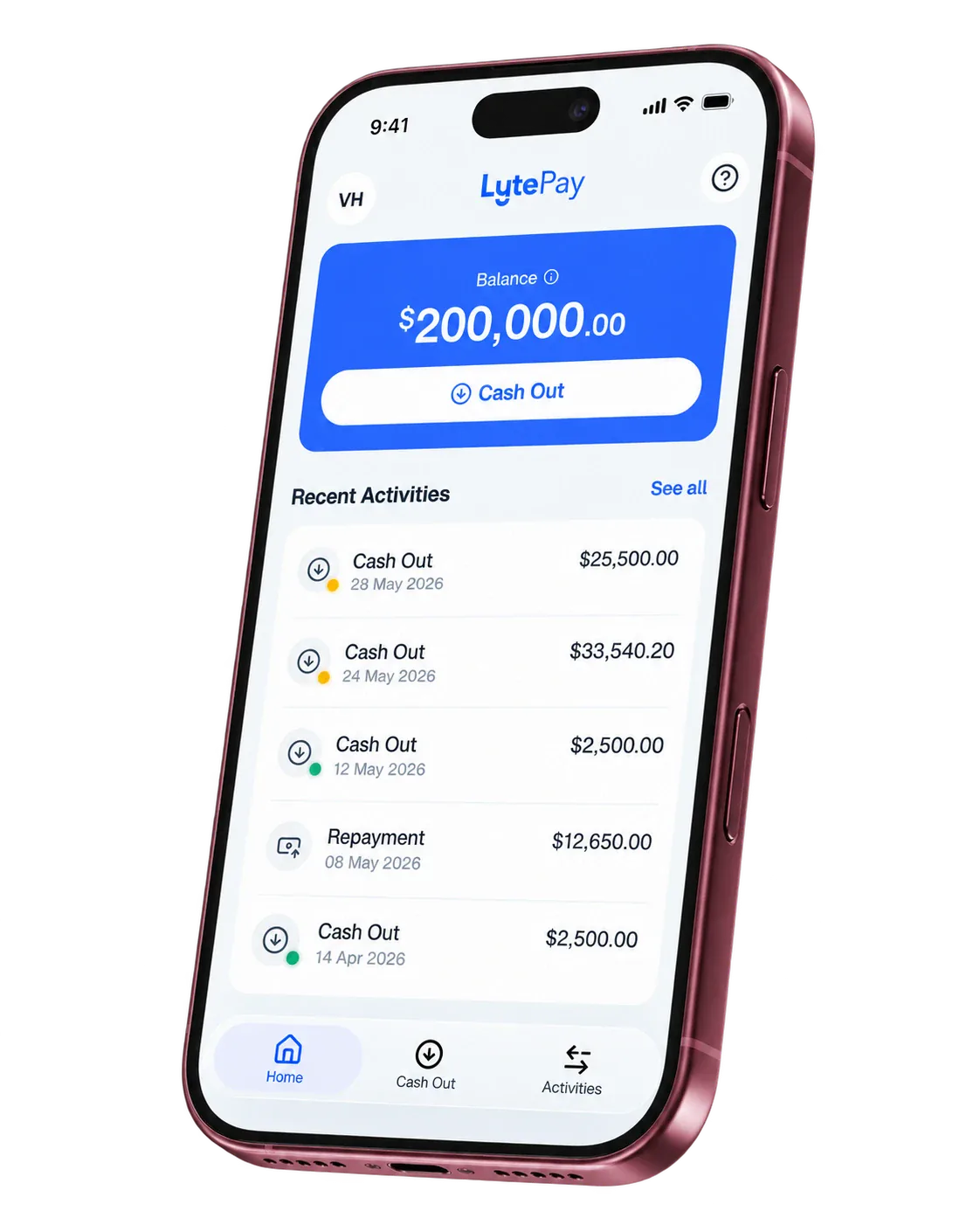 The LytePay app on iPhone showing the balance and recent activities