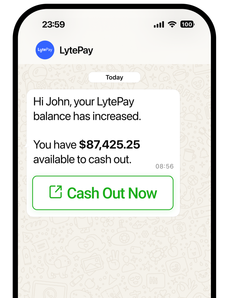 LytePay WhatsApp notification showing the available balance and a Cash Out Now button