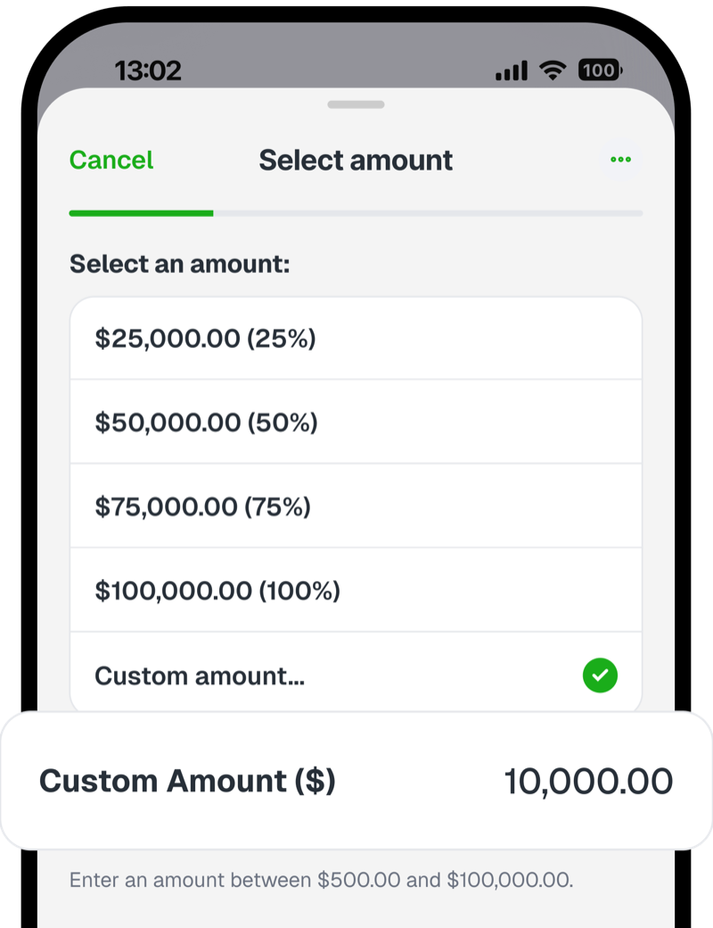 Select amount screen with suggested amounts and a custom amount field