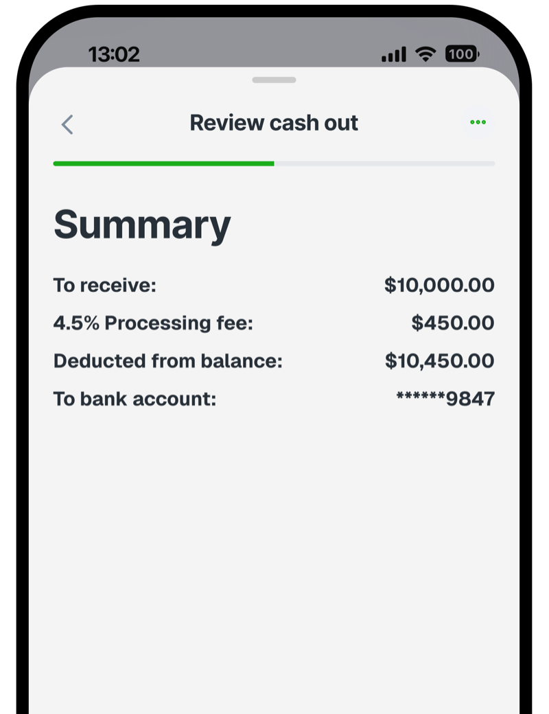 Review cash out summary showing the amount to receive, processing fee, amount deducted from balance and bank account
