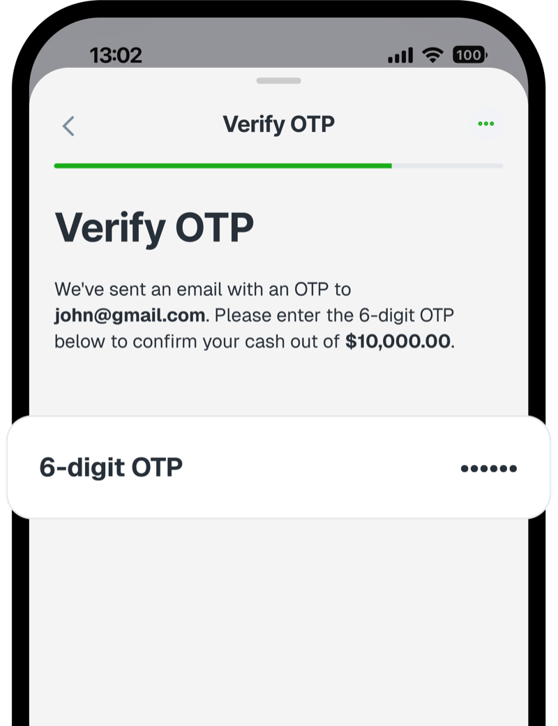 Verify OTP screen asking for the 6-digit OTP sent by email