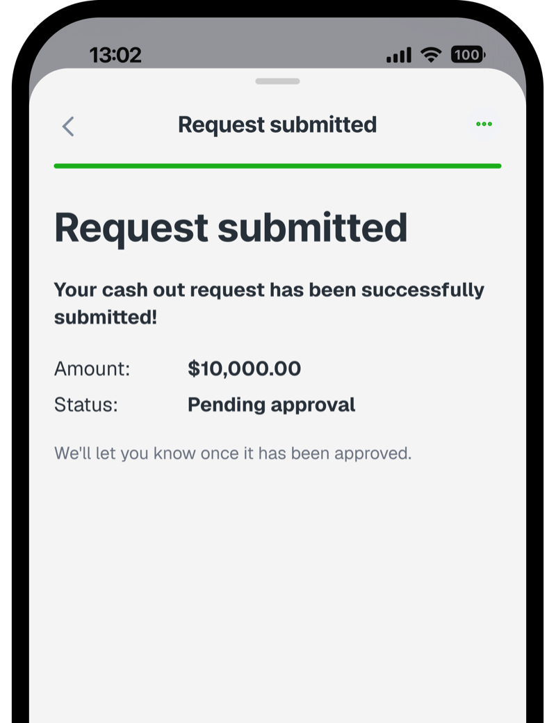 Request submitted screen showing the amount and a Pending approval status