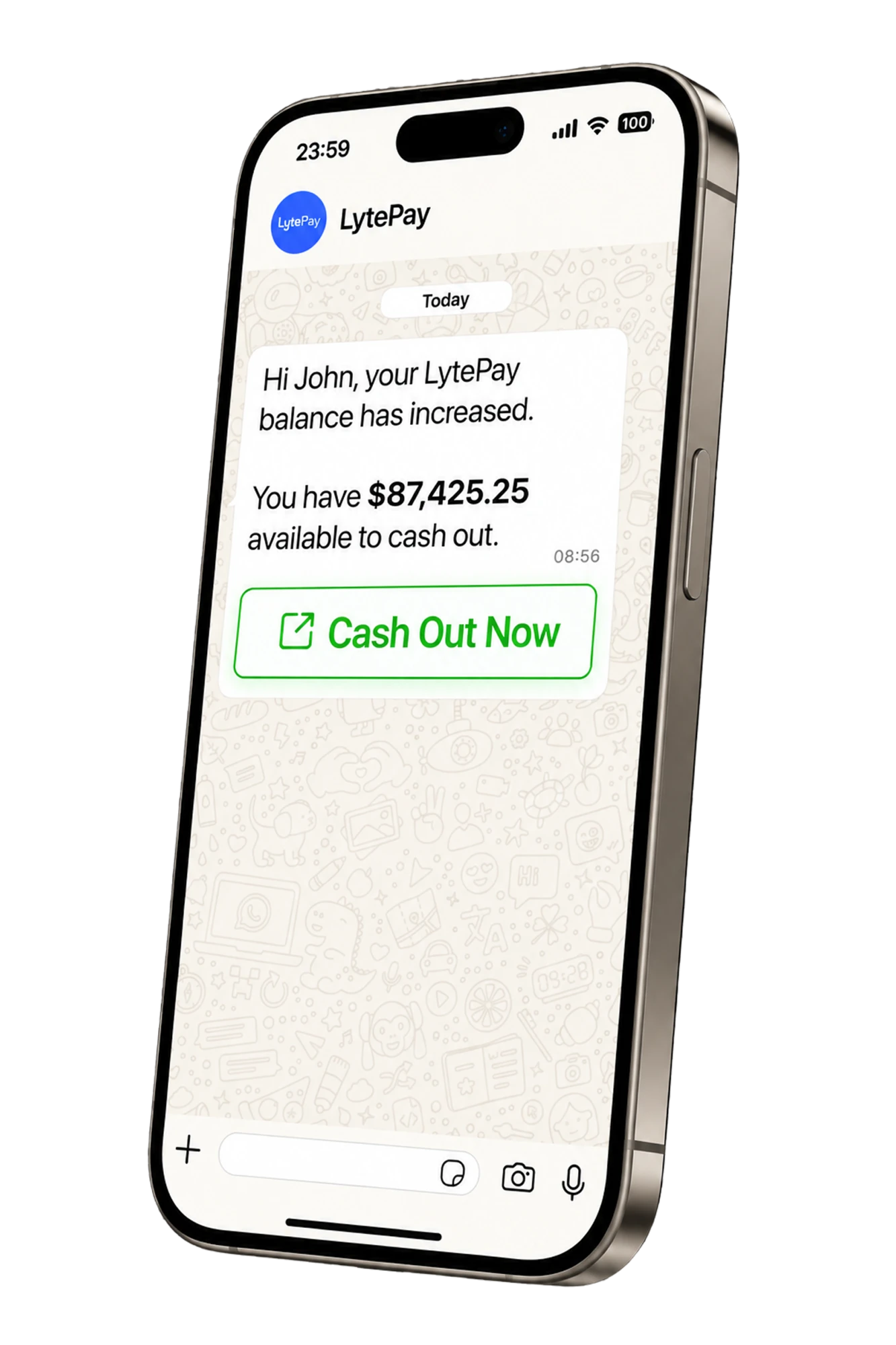 A phone showing a LytePay WhatsApp notification saying your LytePay Balance has increased, with a Cash Out Now button